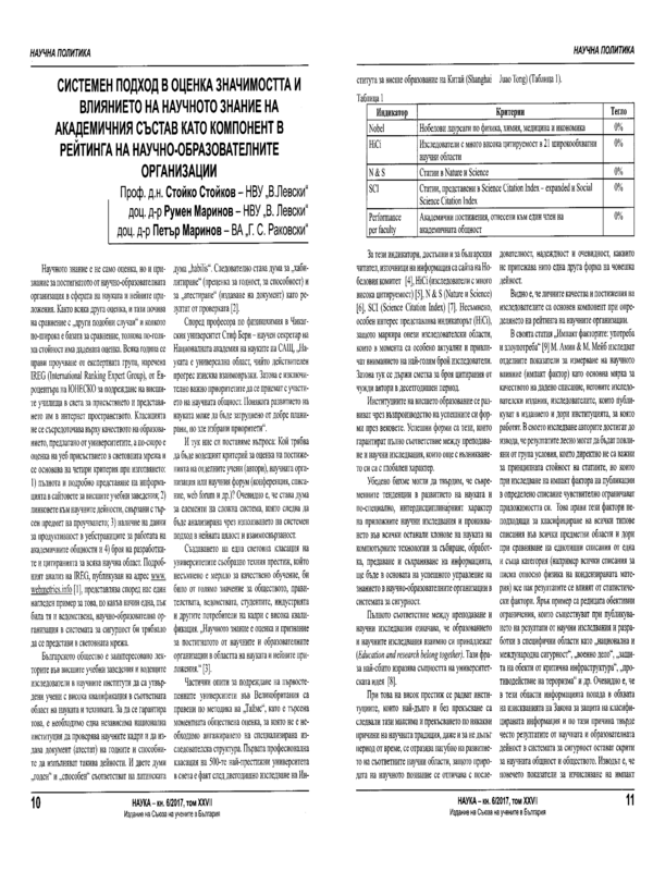 Системен подход в оценка значимостта и влиянието на научното знание на академичния състав като компонент в рейтинга на научно-образователните организации