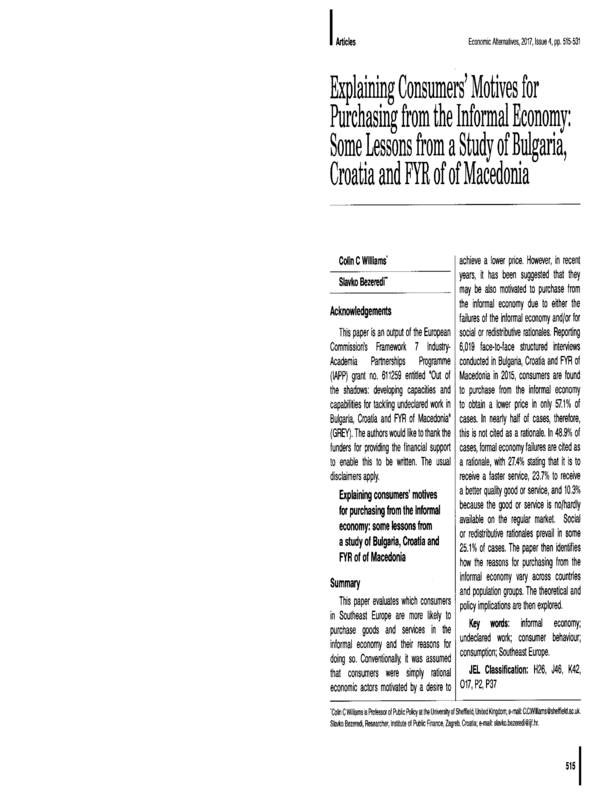 Explaining Consumers` Motives for Purchasing from the Informal Economy: Some Lessons from a Study of Bulgaria, Croatia and FYR of of Macedonia