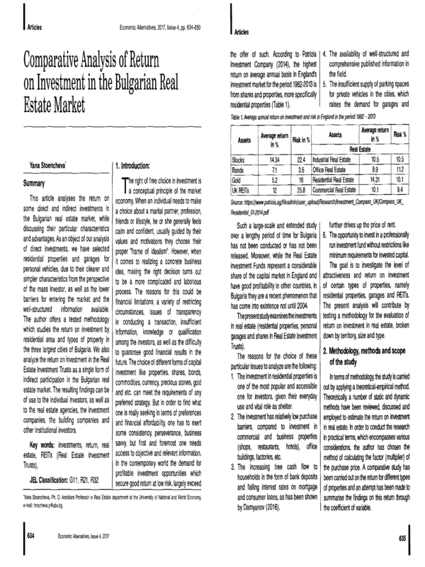 Comporative Analysis of Return on Investment in the Bulgarian Real Estate Market