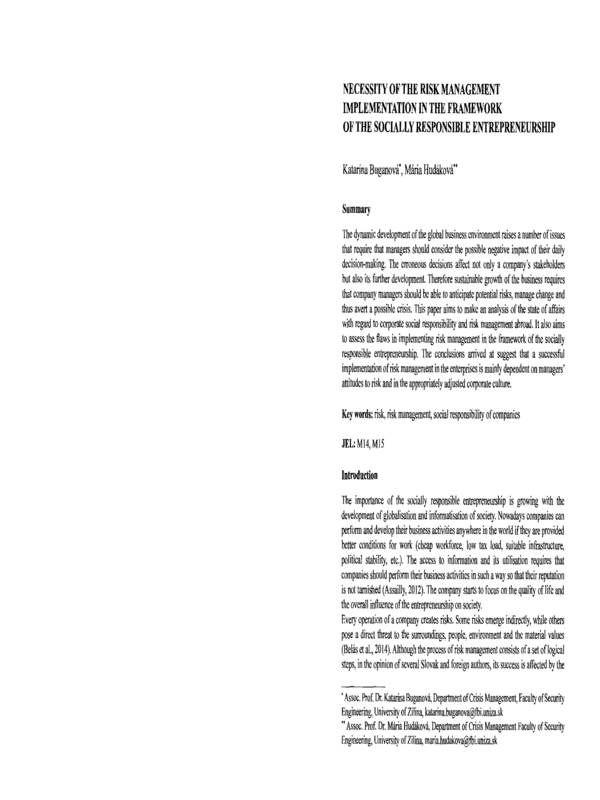 Necessity of the risk management implementation in the framework of the socially responsible entrepreneurship