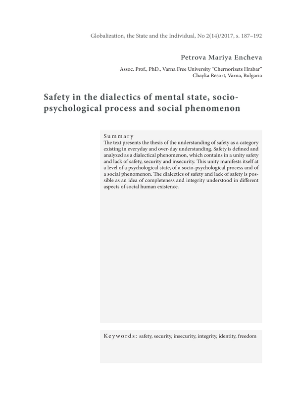 Safety in the dialectics of mental state, sociopsychological process and social phenomenon