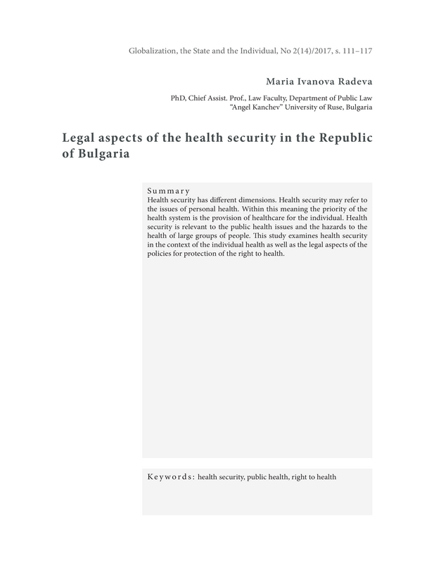 Legal aspects of the health security in the Republic of Bulgaria