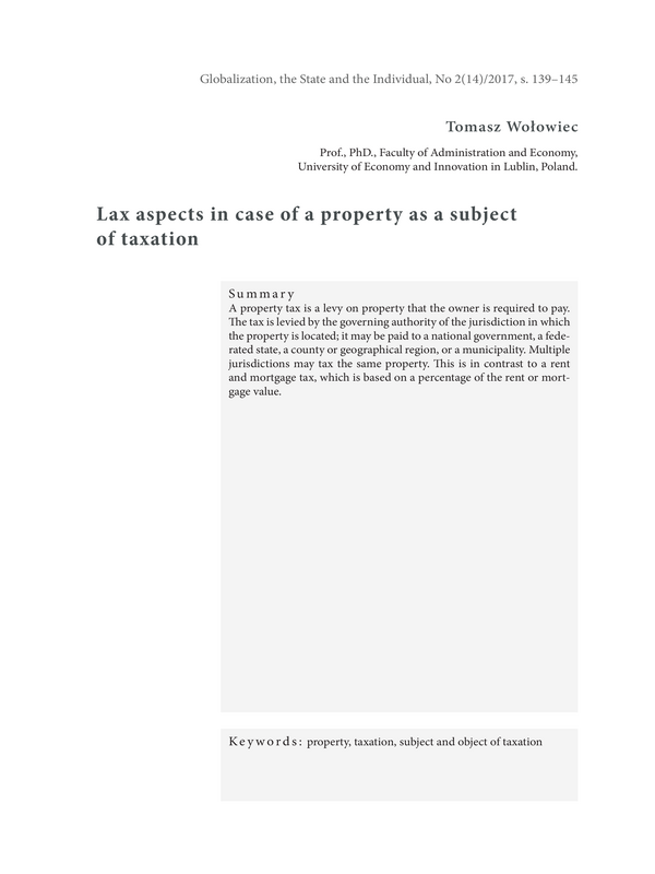 Lax aspects in case of a property as a subject of taxation