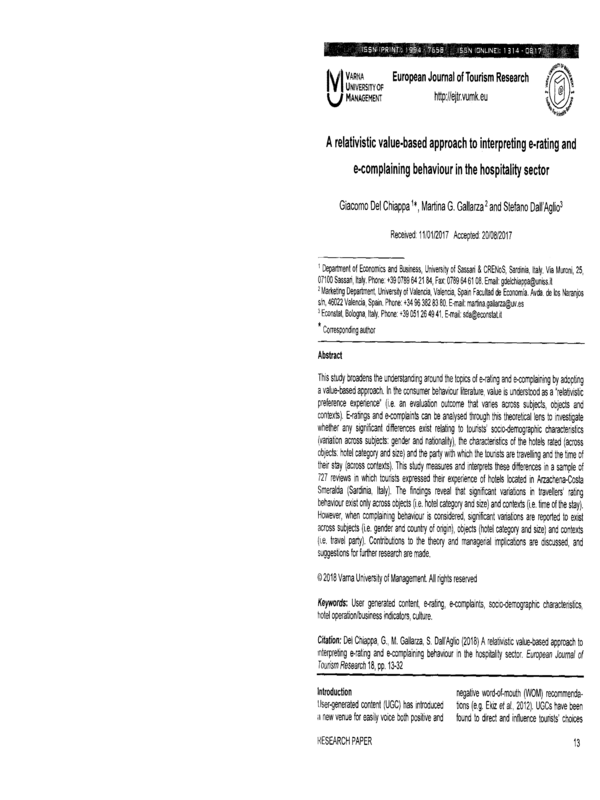 A relativistic value-based approach to interpreting e-rating and e-complaining behaviour in the hospitality sector