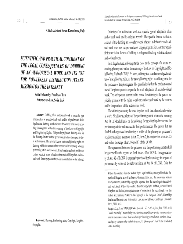 Scientific and practical comment on the legal consequences of dubbing of an audiovisual work and its use for non-linear distribution \transmission\ on the internet