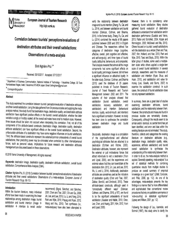 Correlation between tourists perceptions/evaluations of destination attributes and their overall satisfactions: Observations of a meta-analysis