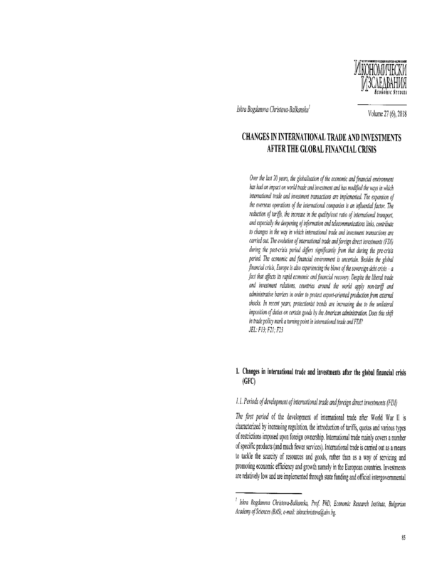 Changes in International Trade and Investments after the Global Financial Crisis