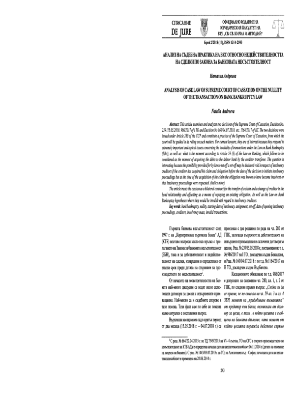 Анализ на съдебна практика ва ВКС относно недействителността на сделки по Закона за банковата несъстоятелност