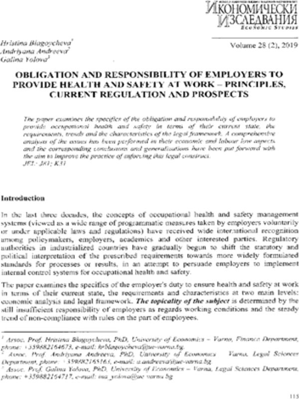 Obligation and responsibility of employers to provide health and safety at work - principles, current regulation and prospects