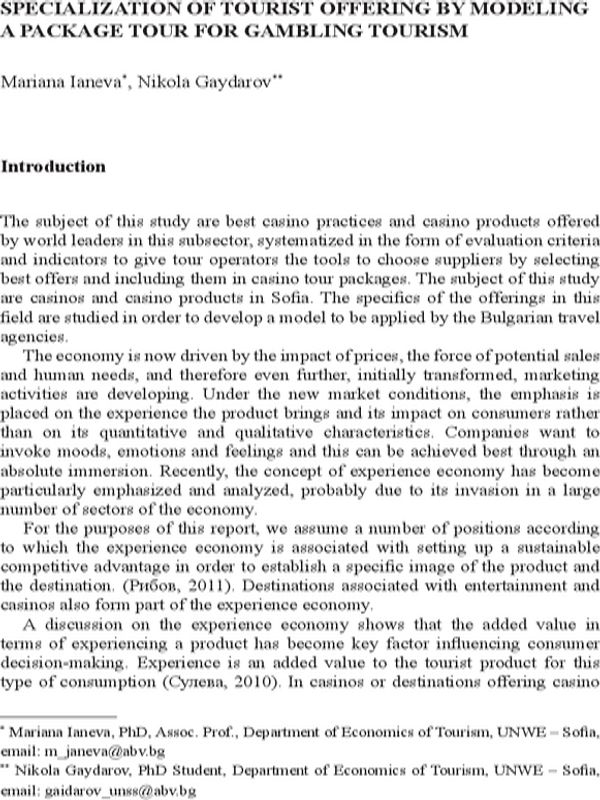 Specialization of tourist offering by modeling a package tour for gambling tourism