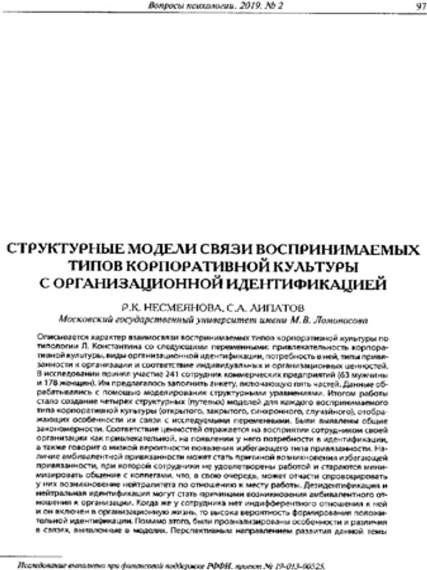 Структурные модели связи воспринимаемых типов корпоративной культуры с организационной идентификацией