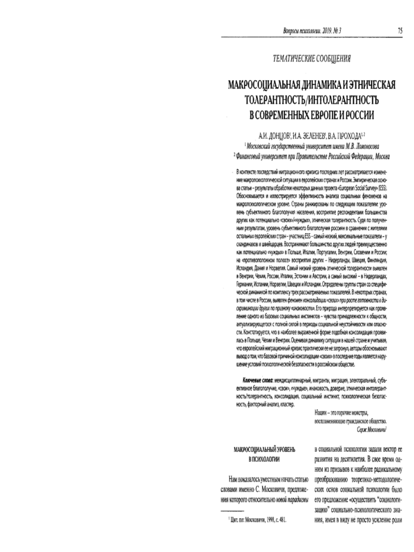 Макросоциальная динамика и этническая толерантность/интолерантность в современных Европе и России