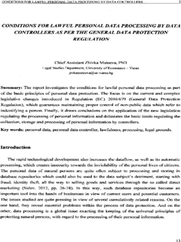 Conditions for lawful personal data processing by data controllers as per the general data protection regulation