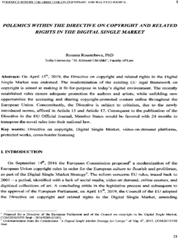 Polemics within the directive on copyright and related rights in the digital single market