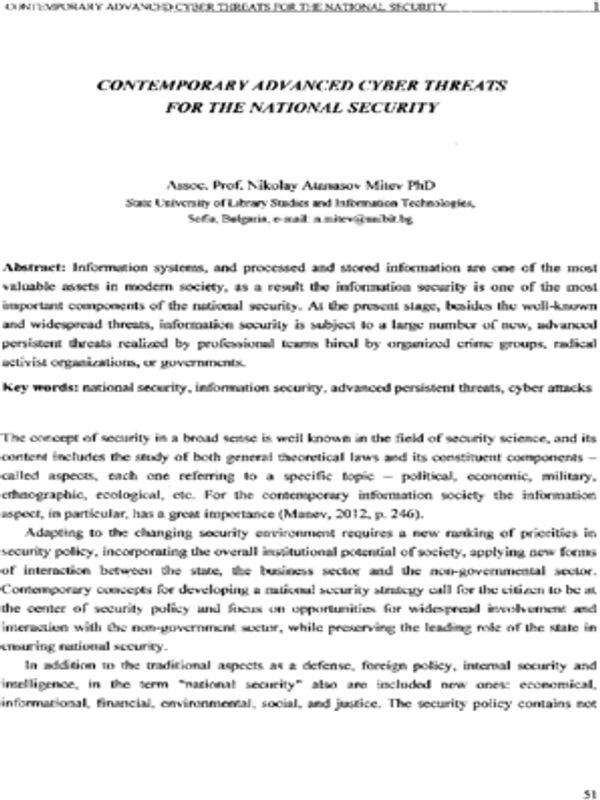 Contemporary advanced cyber threats for the national security
