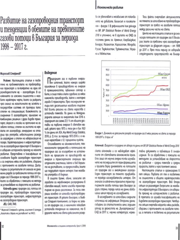 Развитие на газопроводния транспорт и тенденции в обемите на превозените газови потоци в България за периода 1998 - 2017 г.