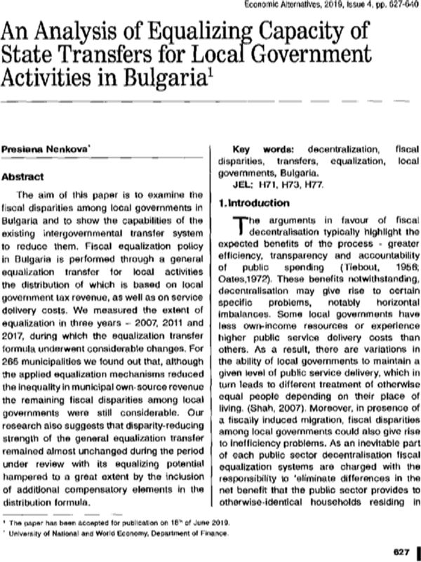 An Analysis of Equalizing Capacity of State Transfers for Local Government Activities in Bulgaria