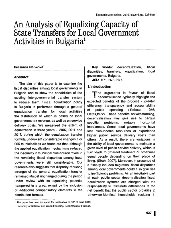 An Analysis of Equalizing Capacity of State Transfers for Local Government Activities in Bulgaria