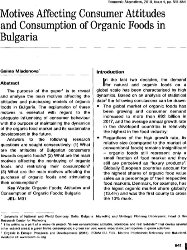 Motives Affecting Consumer Attitudes and Consumption of Organic Foods in Bulgaria