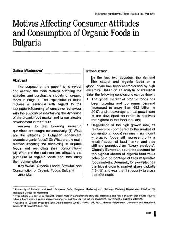 Motives Affecting Consumer Attitudes and Consumption of Organic Foods in Bulgaria