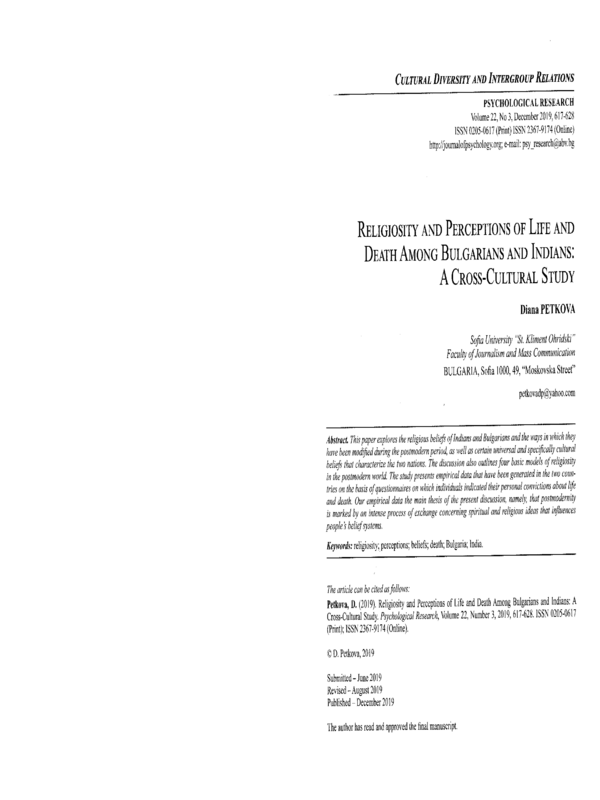 Religiosity and Perceptions of Life and Death Among Bulgarians and Indians: A Cross-Cultural Study