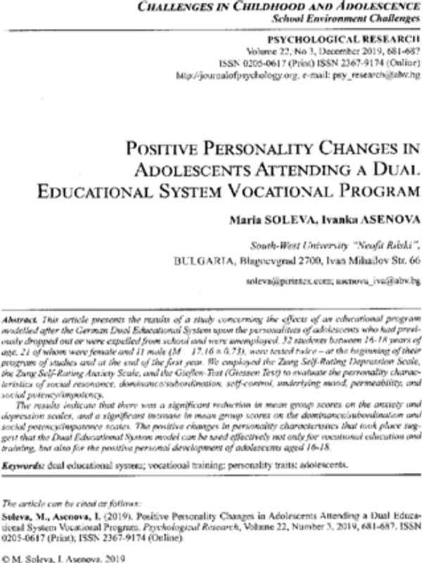 Positive Personality Changes in Adolescents Attending a Dual Educational System Vocational Program