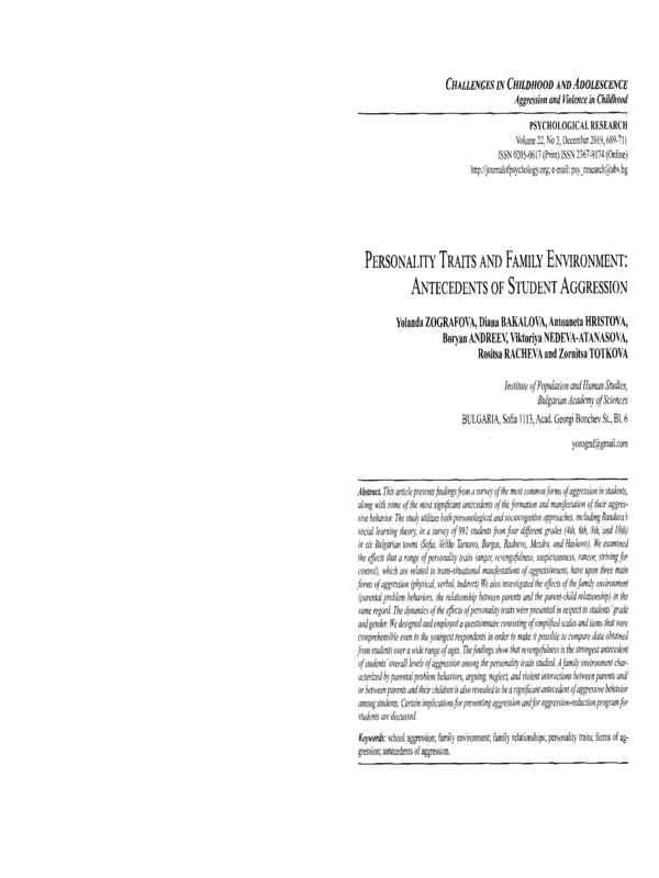 Personality Traits and Family Environment: Antecedents of Student Aggression