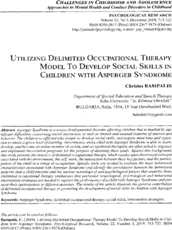 Utilizing Delimited Occupational Therapy Model to Develop Social Skills in Children with Asperger Syndrome
