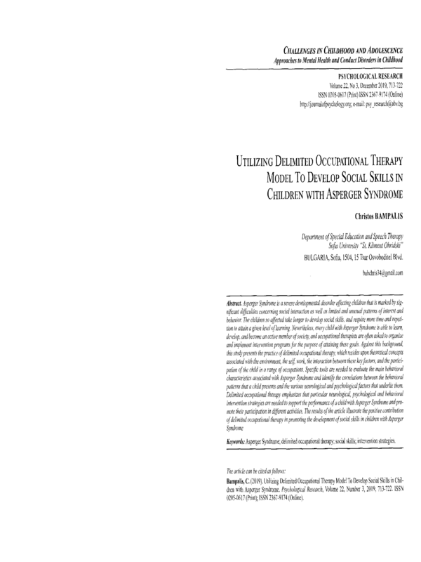 Utilizing Delimited Occupational Therapy Model to Develop Social Skills in Children with Asperger Syndrome