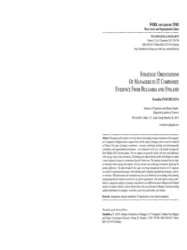 Strategic Orientations of Managers in IT Companies: Evidence from Bulgaria and Finland