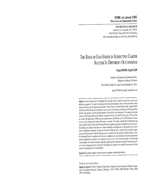 The Role of Ego States in Subjective Career Success in Different Occupations