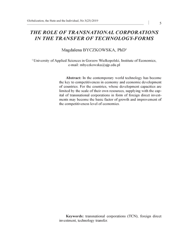 The role of transnational corporations in the transfer of technology-forms