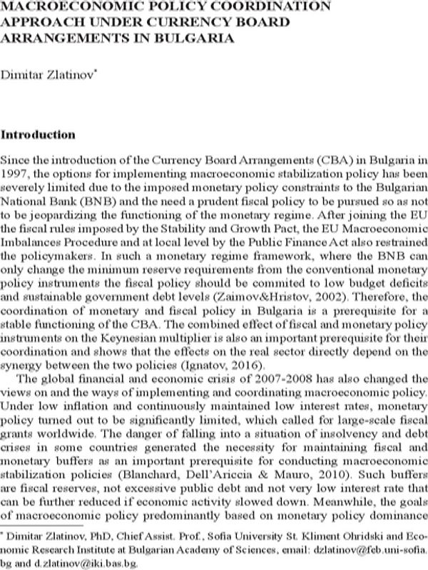 Macroeconomic Policy coordination approach under currency board arrangements in Bulgaria