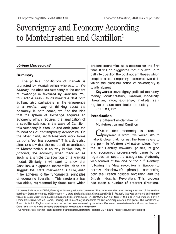 Sovereignty and Economy According to Montchrestien and Cantillon