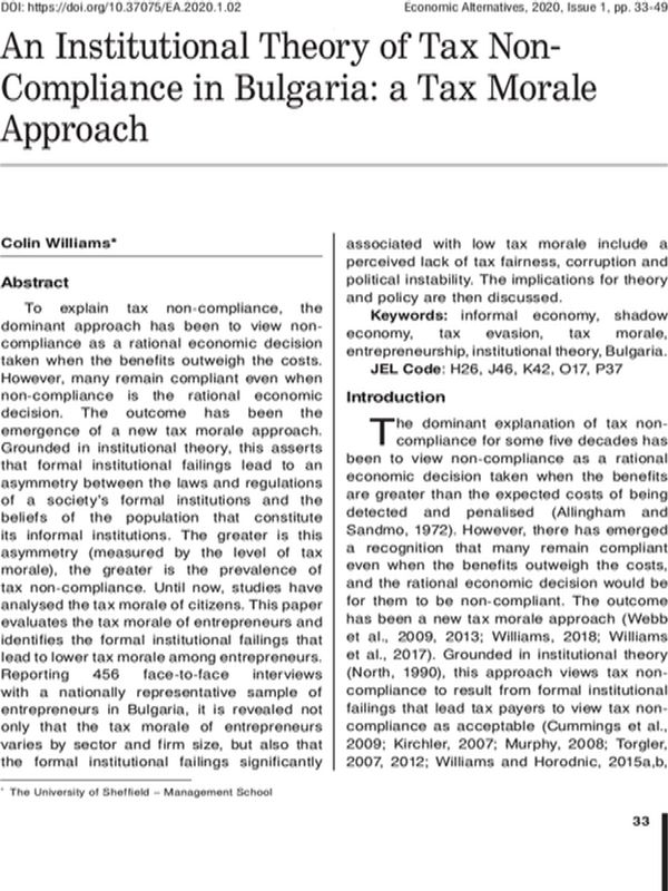 An Institutional Theory of Tax Non- Compliance in Bulgaria: a Tax Morale Approach
