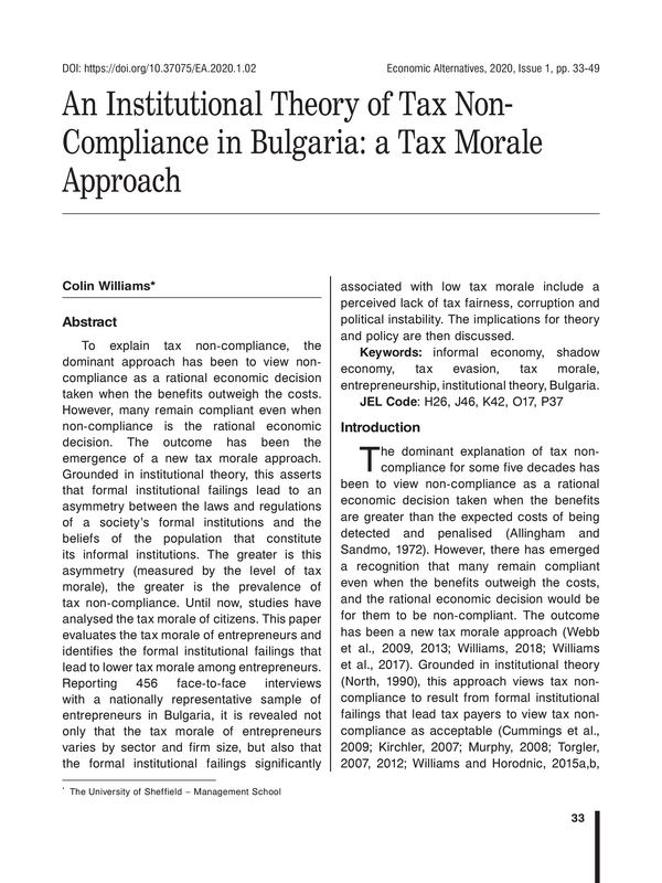 An Institutional Theory of Tax Non- Compliance in Bulgaria: a Tax Morale Approach