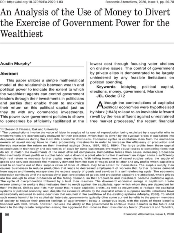 An Analysis of the Use of Money to Divert the Exercise of Government Power for the Wealthiest