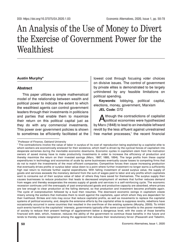 An Analysis of the Use of Money to Divert the Exercise of Government Power for the Wealthiest