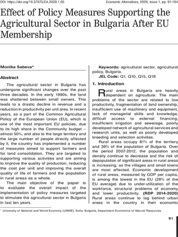 Effect of Policy Measures Supporting the Agricultural Sector in Bulgaria After EU Membership