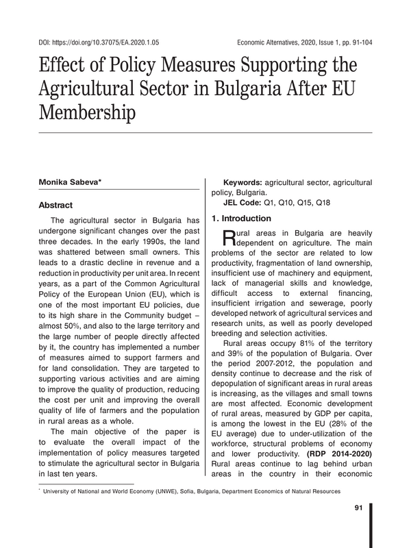 Effect of Policy Measures Supporting the Agricultural Sector in Bulgaria After EU Membership