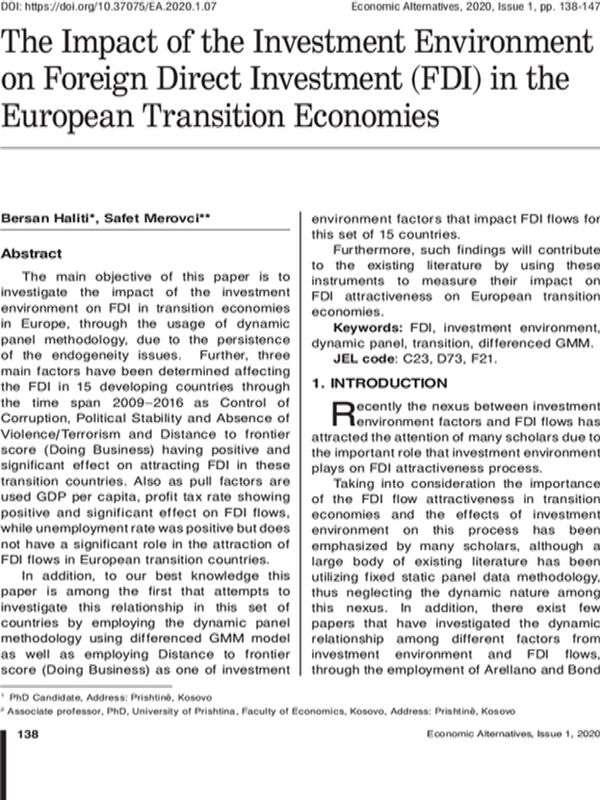 The Impact of the Investment Environment on Foreign Direct Investment (FDI) in the European Transition Economies