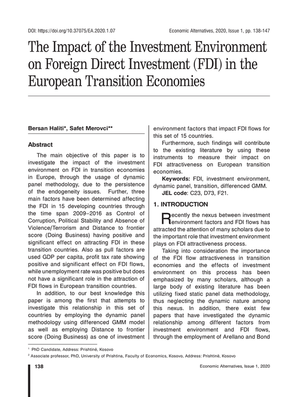 The Impact of the Investment Environment on Foreign Direct Investment (FDI) in the European Transition Economies