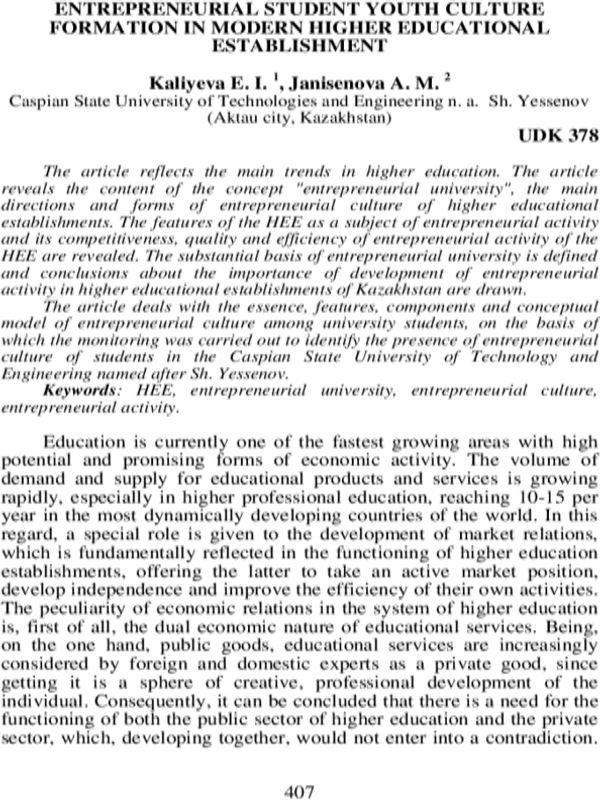 Entrepreneurial student youth culture formation in modern higher educational establishment