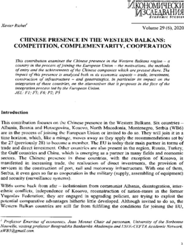 Chinese Presence in the Western Balkans: Competition, Complementarity, Cooperation