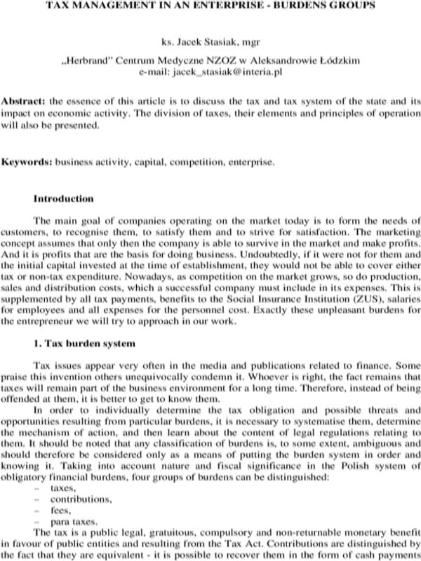 Tax  management  in an enterprise - burdens grups