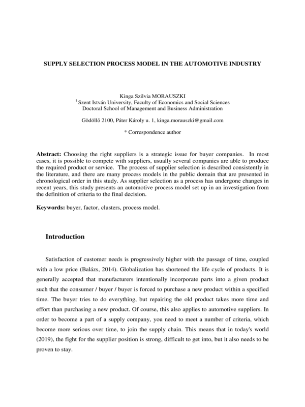 Supply  Selection  Process  Moden in  the automotive  industry