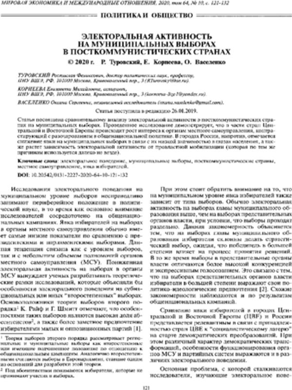 Электоральная активность на муниципальных выборах в посткоммунистических странах