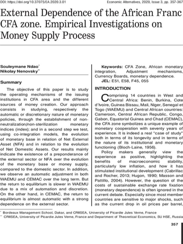 External Dependence of the African Franc CFA zone. Empirical Investigations on Money Supply Process