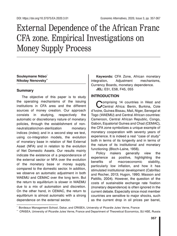 External Dependence of the African Franc CFA zone. Empirical Investigations on Money Supply Process