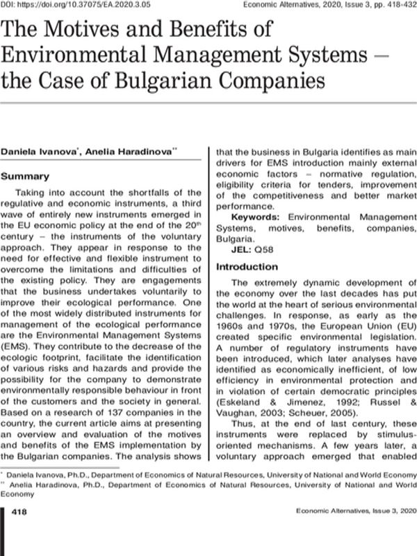 The Motives and Benefits of Environmental Management Systems – the Case of Bulgarian Companies